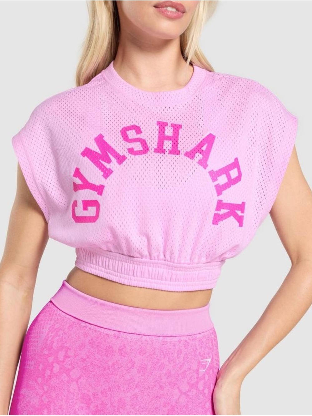 Gymshark Light Pink Cropped Mesh Tee with Hot Pink Logo